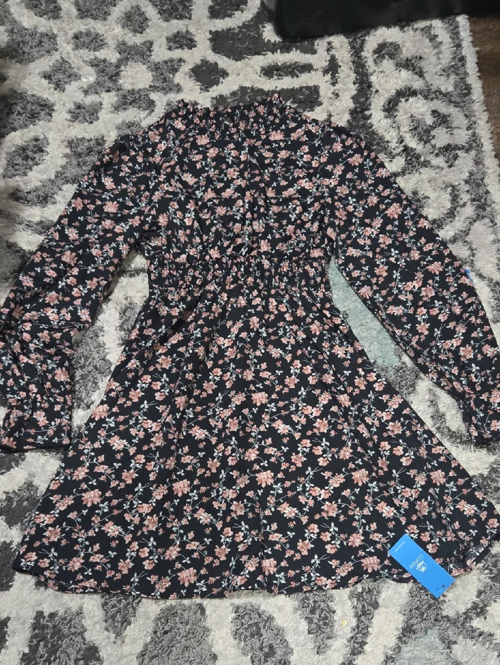 Black Floral Long-Sleeve Dress with Pink Flowers - Picture 1 of 1